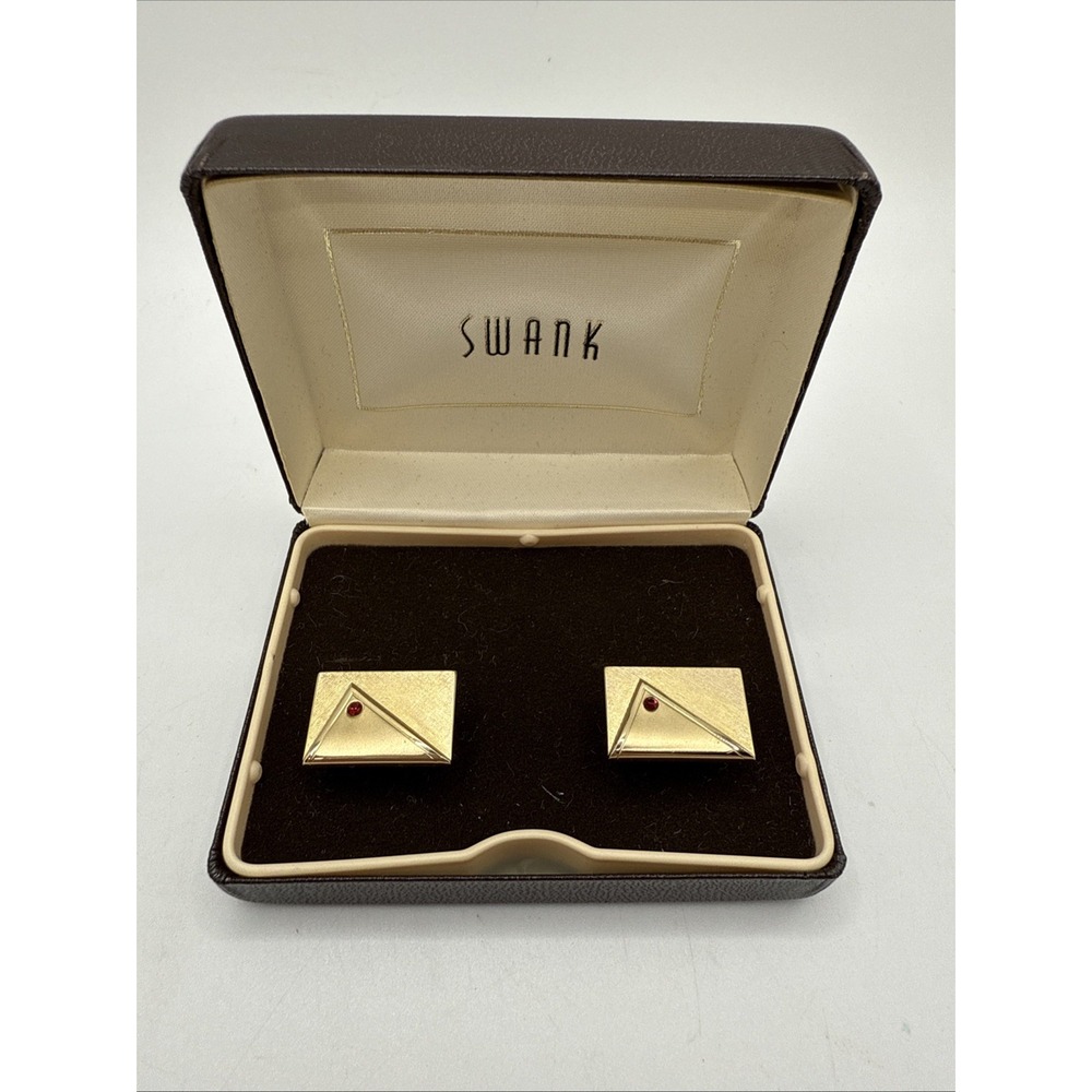 Vintage Swank brushed gold-tone geometric W/ Small Red Rhinestone cufflinks